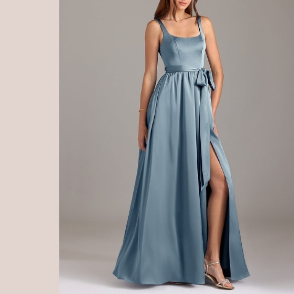 Azazie Dresses & Skirts - AZAZIE NEW Elliott Satin Scoop-Neck A-Line Dress with Side Slit - Slate Blue